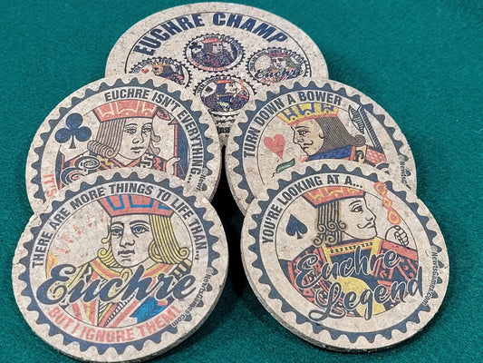 Corked Euchre Legend Coaster Set: Card Game Coasters with Holder
