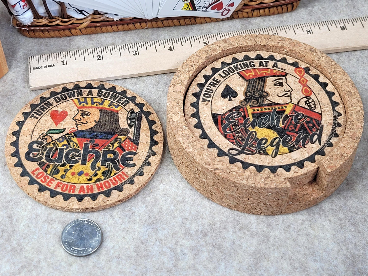 Corked Euchre Legend Coaster Set: Card Game Coasters with Holder