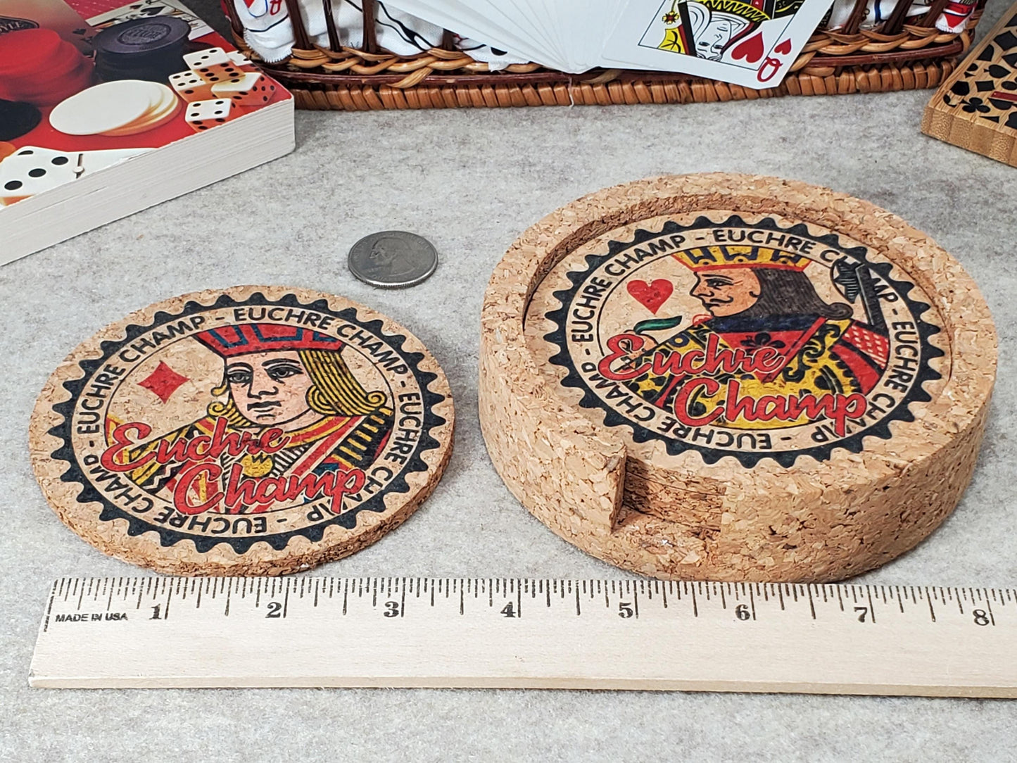 Euchre Champ Corked Coaster Set: Card Game Night Decor