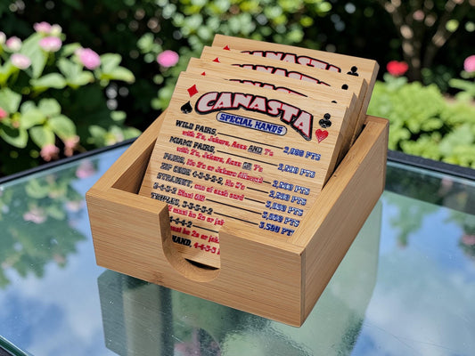 Canasta Hands Bamboo Coasters with Holder: Playing Card Game Room Decor