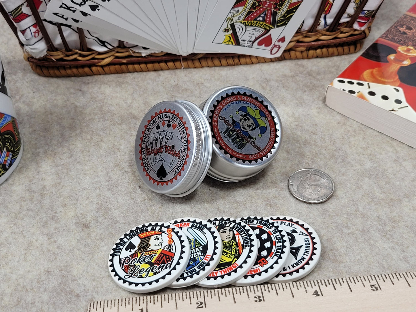 Royal Flush Ceramic Poker Chip Set: Card Guards in Tin