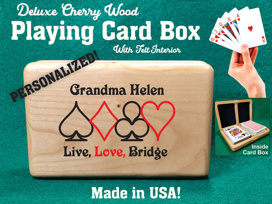 Solid Cherry Wood Playing Card Box: Personalized Bridge Gift - Made in USA