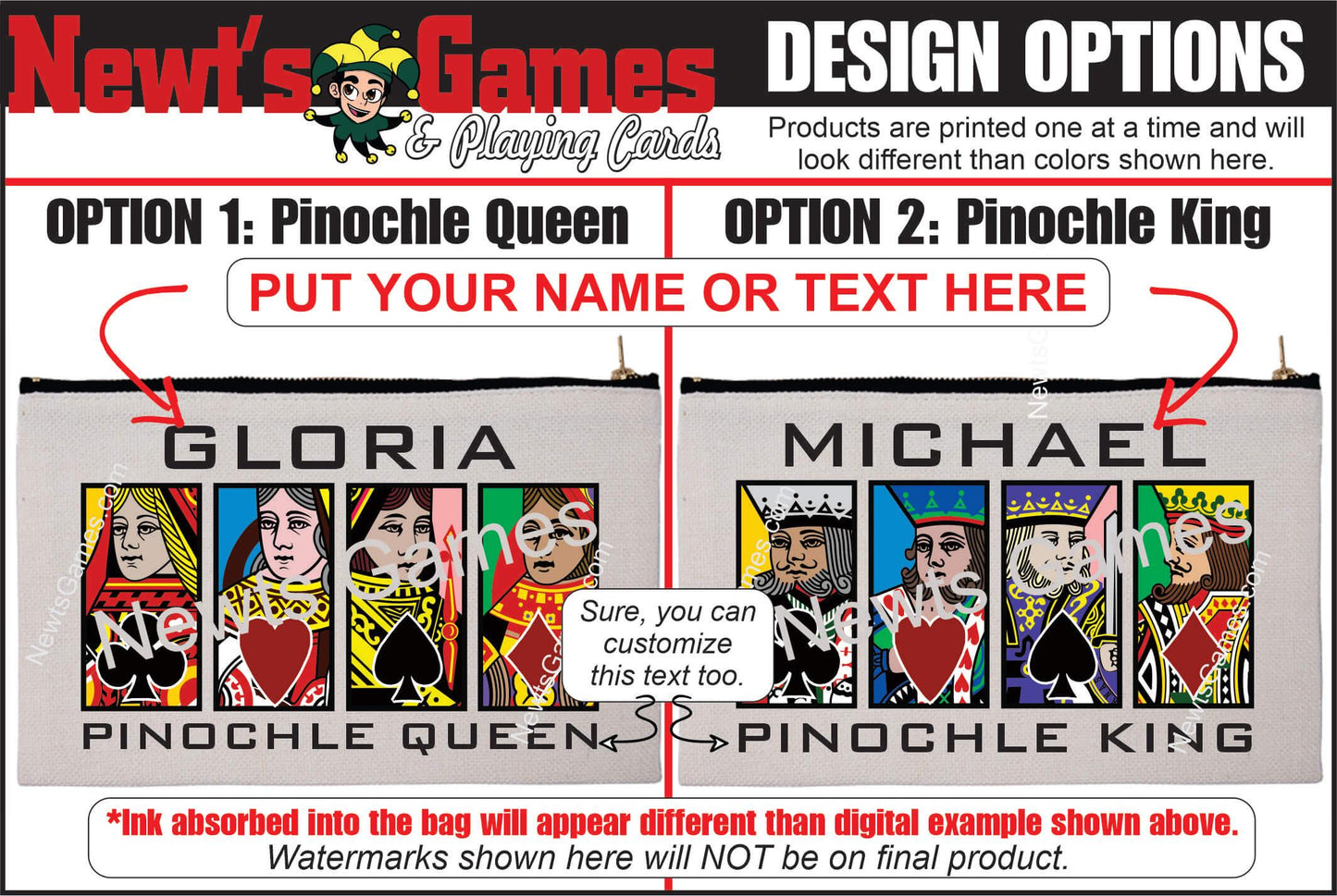 Pinochle Queen or King, Linen Zipper Pouch: Custom Playing Card Night Bag