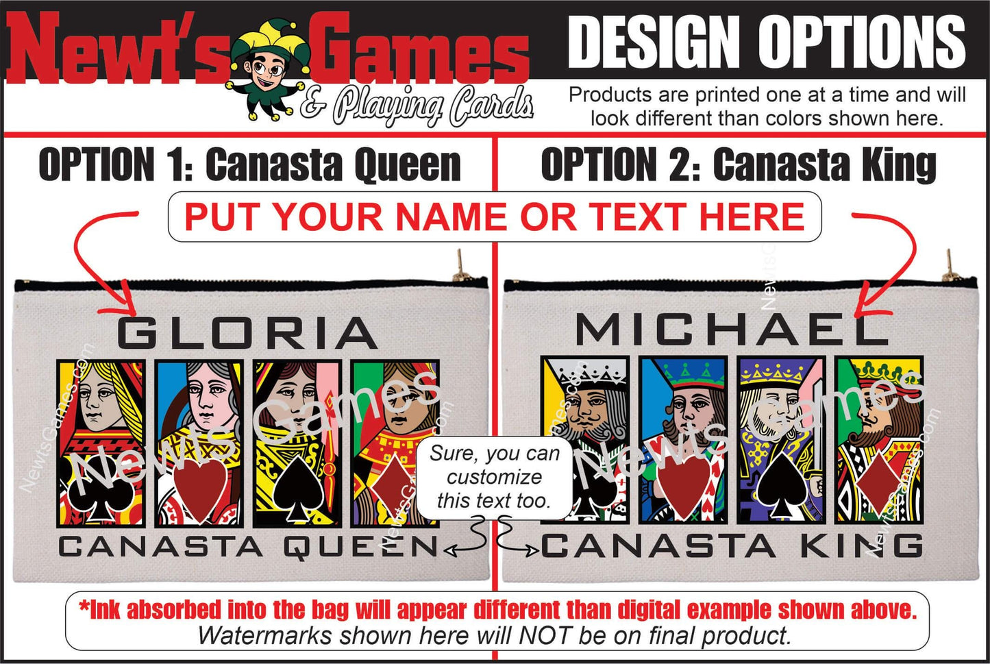 Canasta Queen or King, Linen Zipper Pouch: Custom Playing Card Night Bag