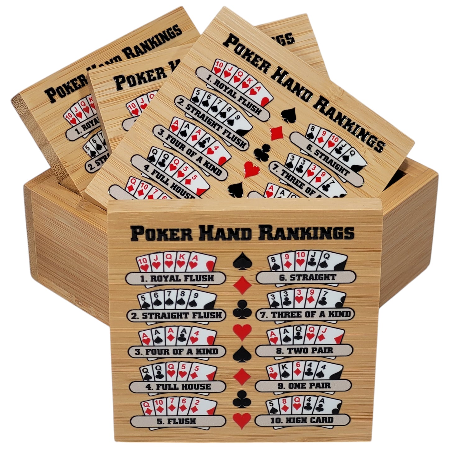 Poker Hand Rankings Bamboo Coasters - Set of 4 with Holder