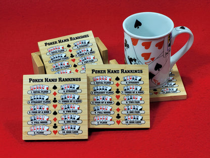 Poker Hand Rankings Bamboo Coasters - Set of 4 with Holder
