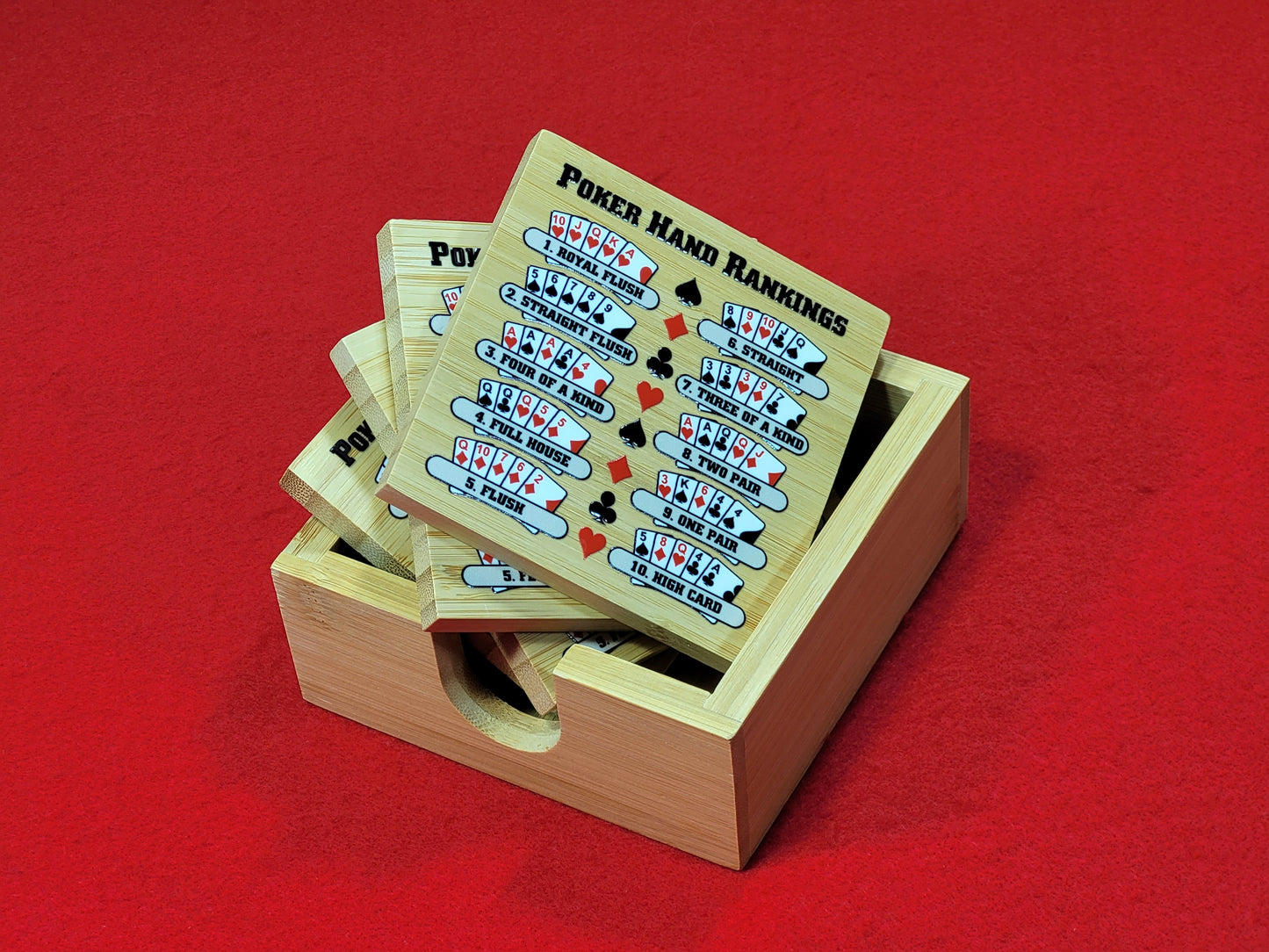 Poker Hand Rankings Bamboo Coasters - Set of 4 with Holder