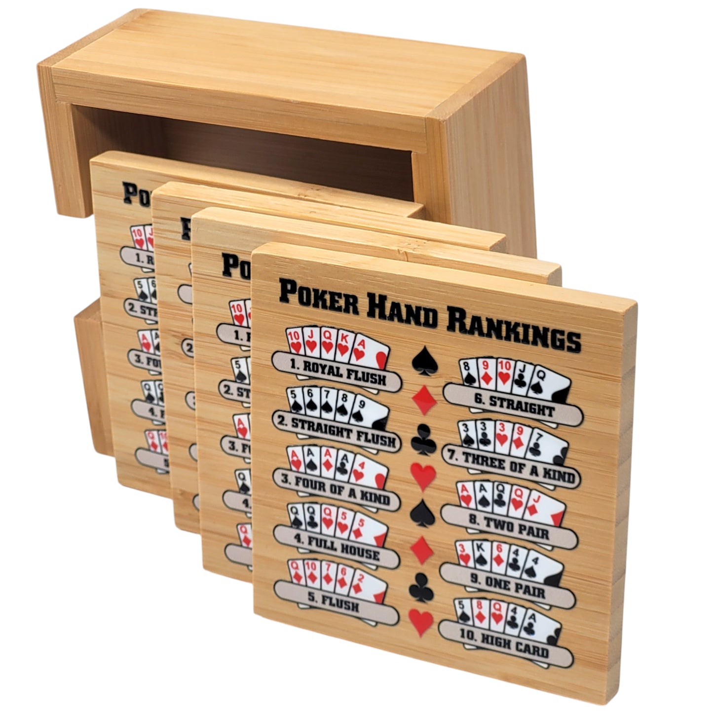 Poker Hand Rankings Bamboo Coasters - Set of 4 with Holder