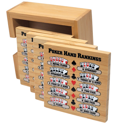 Poker Hand Rankings Bamboo Coasters - Set of 4 with Holder