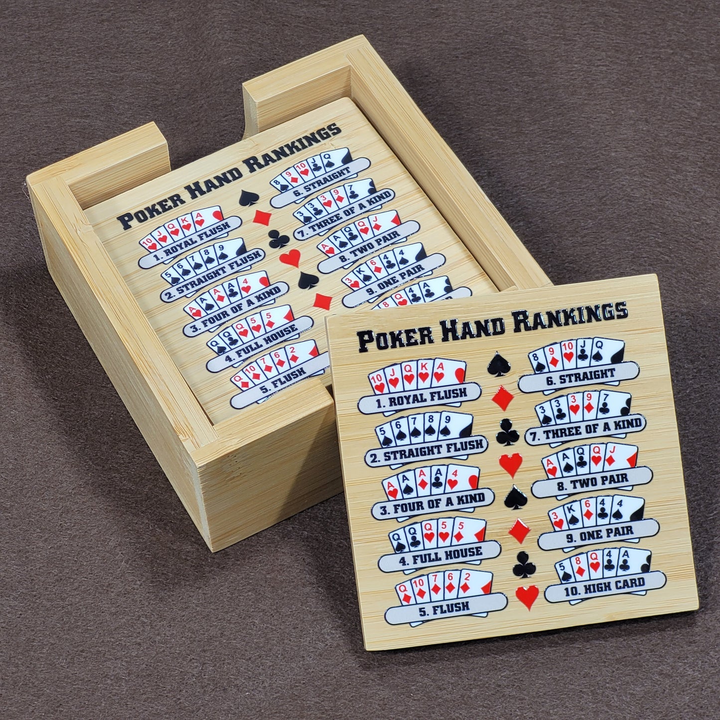 Poker Hand Rankings Bamboo Coasters - Set of 4 with Holder
