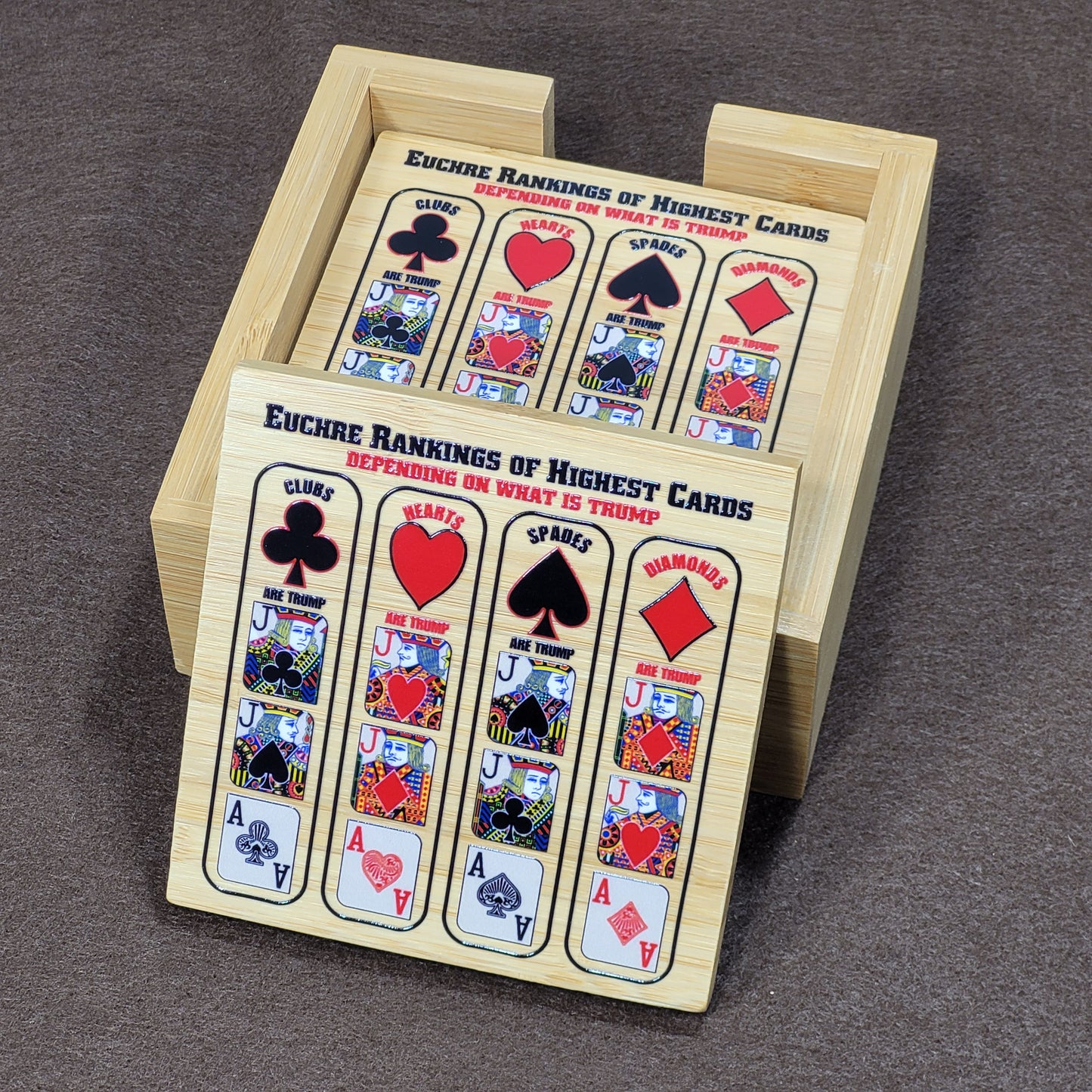 Euchre Card Rankings: Bamboo Coasters with Holder