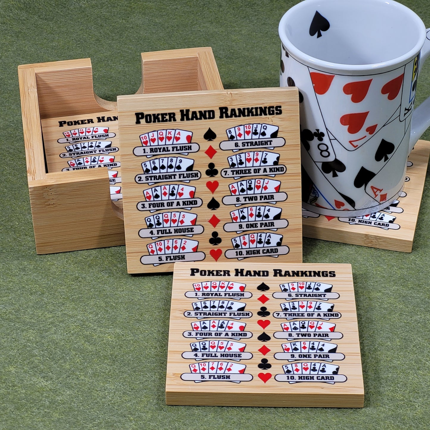 Poker Hand Rankings Bamboo Coasters - Set of 4 with Holder