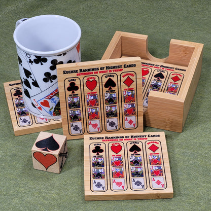 Euchre Card Rankings: Bamboo Coasters with Holder