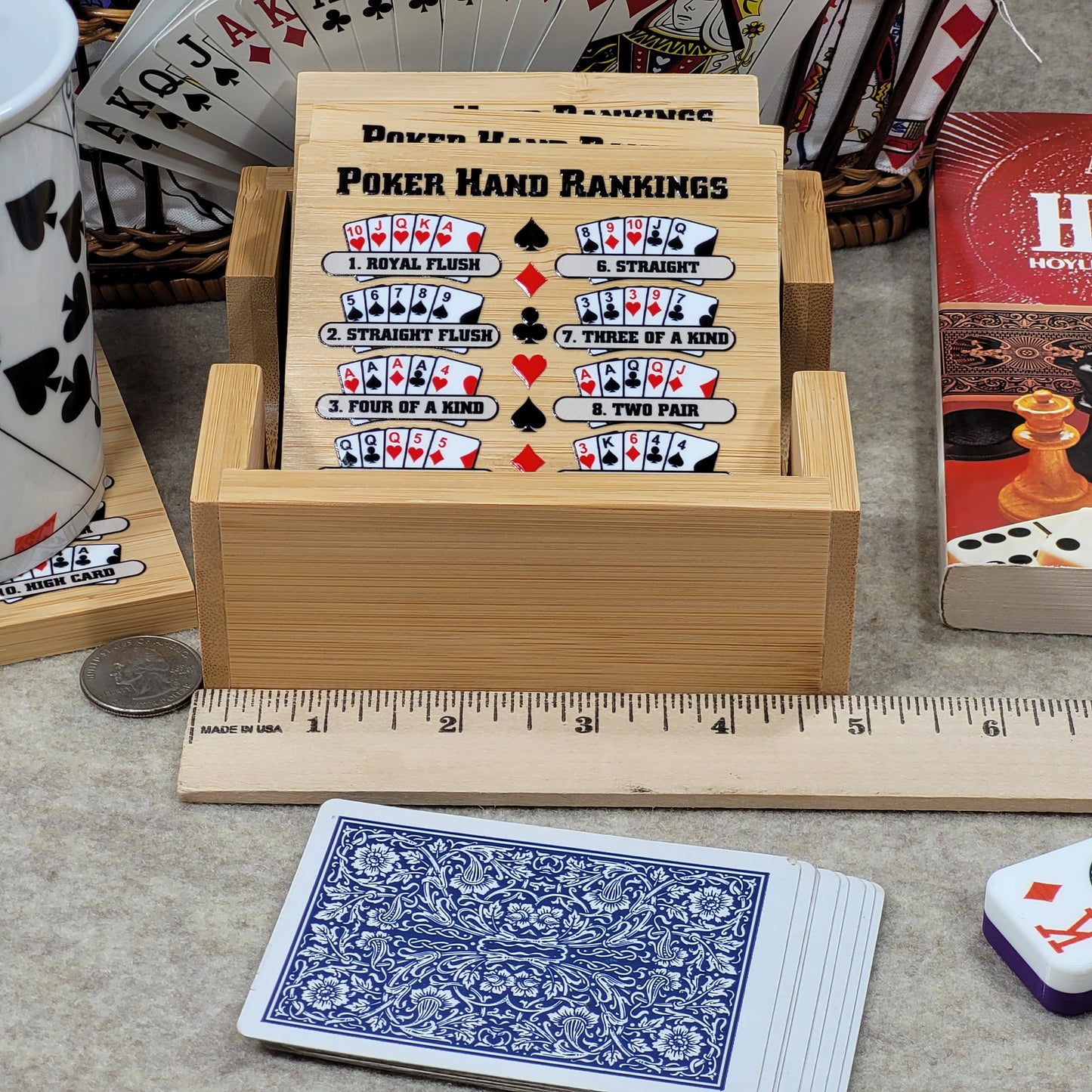 Poker Hand Rankings Bamboo Coasters - Set of 4 with Holder