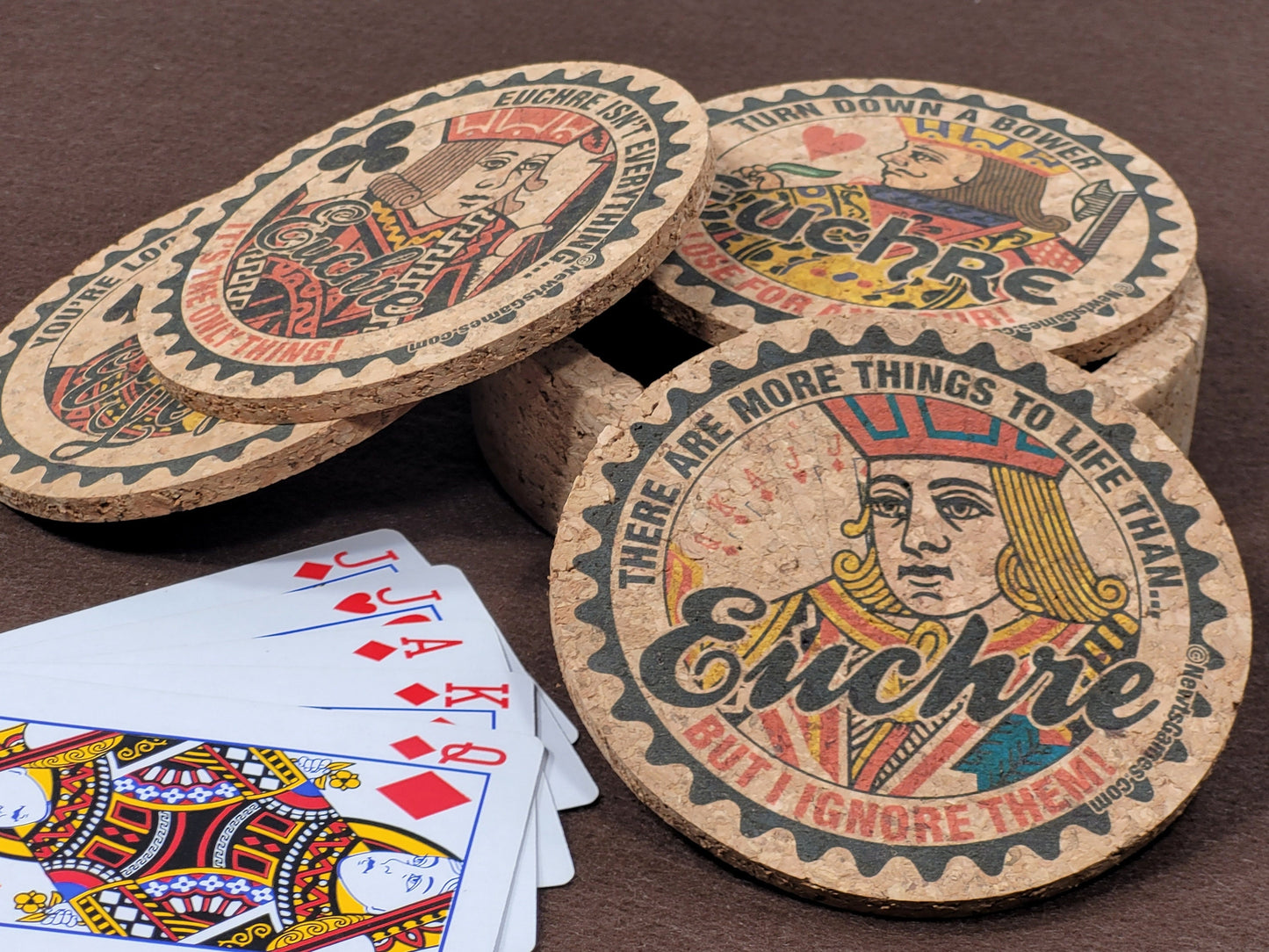 Corked Euchre Legend Coaster Set: Card Game Coasters with Holder