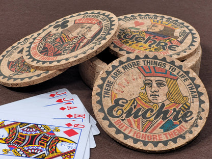 Corked Euchre Legend Coaster Set: Card Game Coasters with Holder