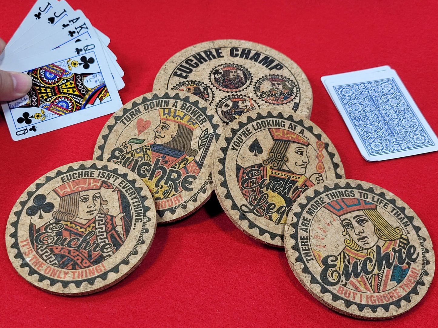Corked Euchre Legend Coaster Set: Card Game Coasters with Holder