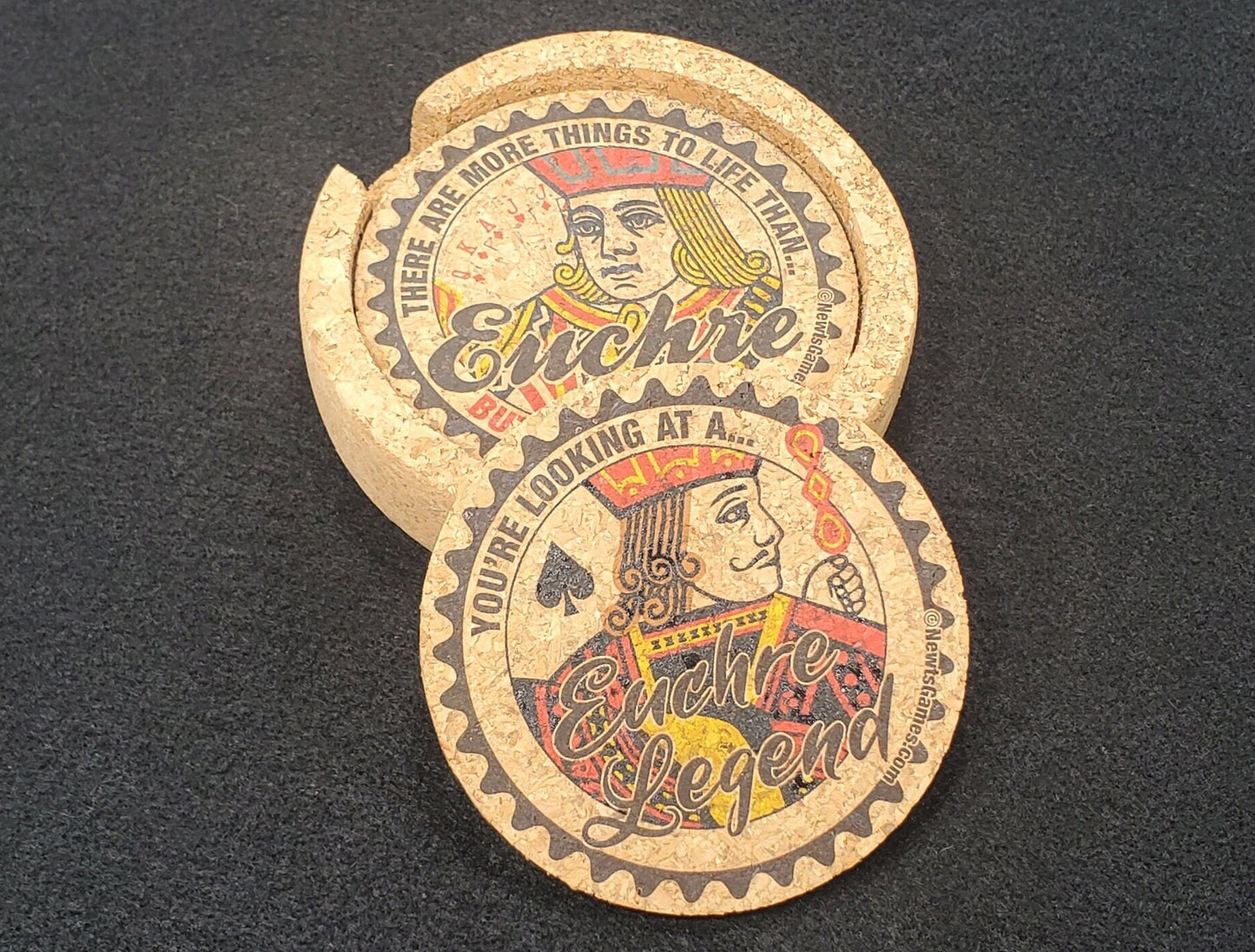 Corked Euchre Legend Coaster Set: Card Game Coasters with Holder