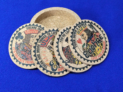 Corked Euchre Legend Coaster Set: Card Game Coasters with Holder