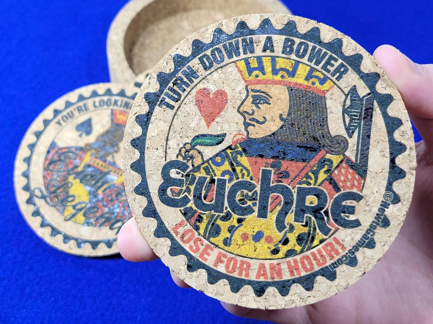 Corked Euchre Legend Coaster Set: Card Game Coasters with Holder
