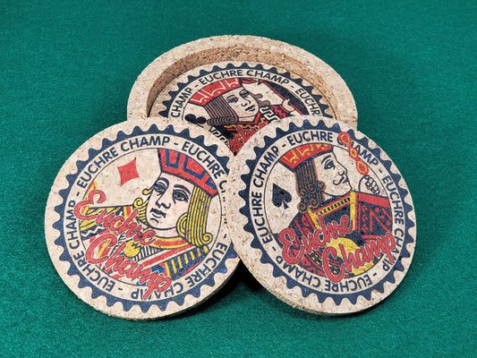 Euchre Champ Corked Coaster Set: Card Game Night Decor