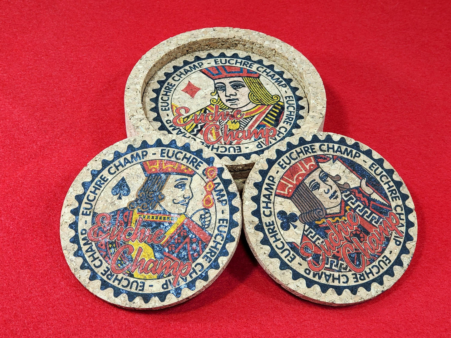 Euchre Champ Corked Coaster Set: Card Game Night Decor