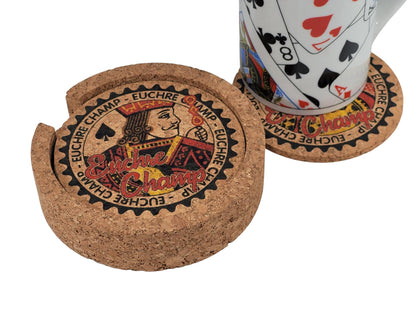 Euchre Champ Corked Coaster Set: Card Game Night Decor
