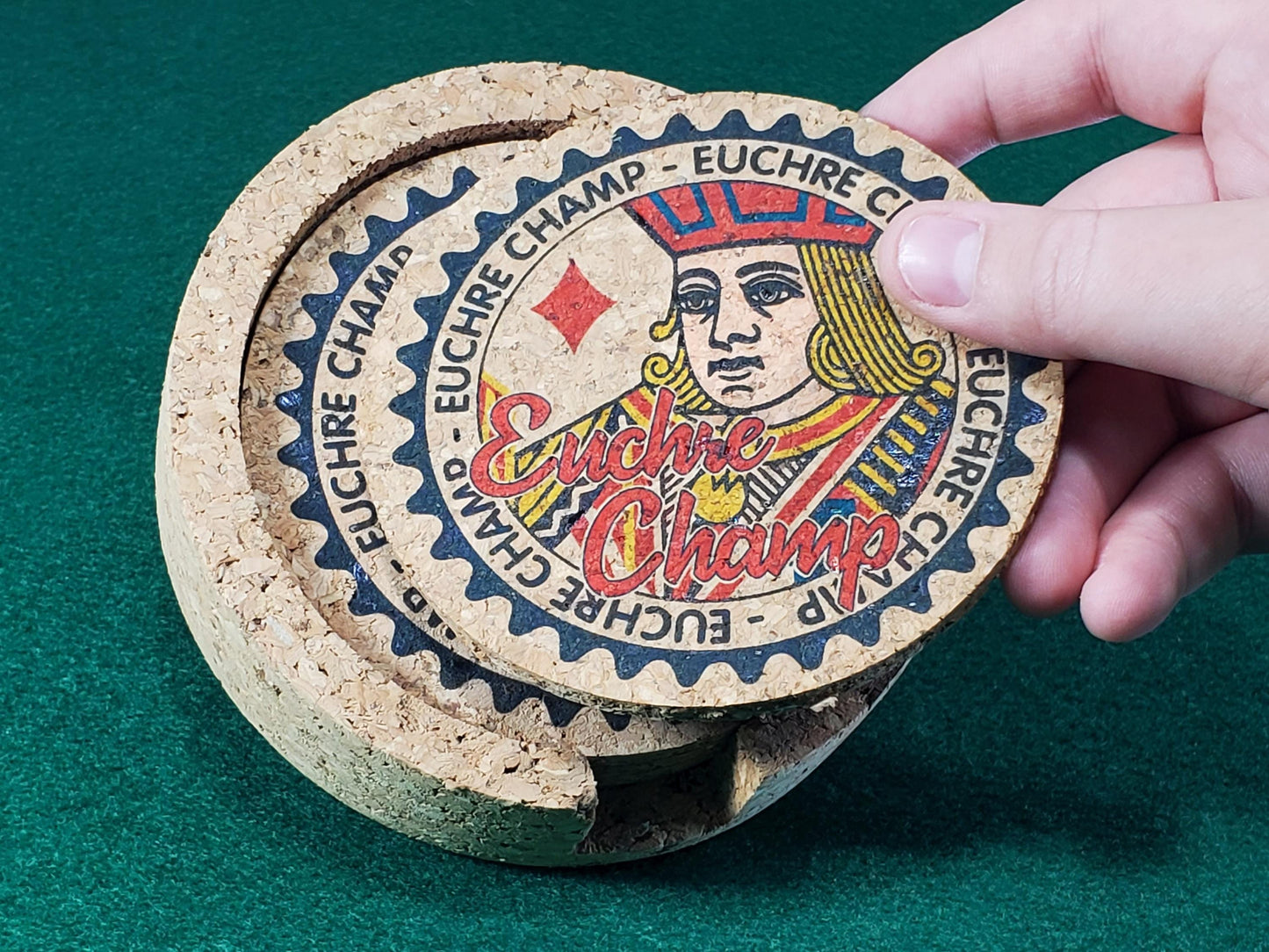 Euchre Champ Corked Coaster Set: Card Game Night Decor