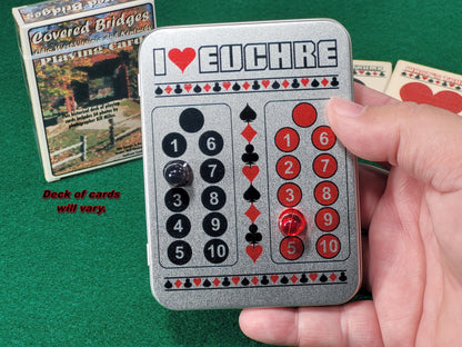 I Heart Euchre Scorekeeper Tin Set: Playing Cards & Magnetic Score