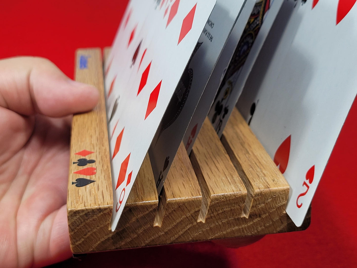 Red Oak Wood Playing Cardholder: Game Accessory with Optional Personalization