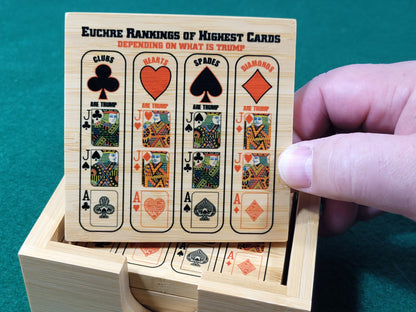 Euchre Card Rankings: Bamboo Coasters with Holder