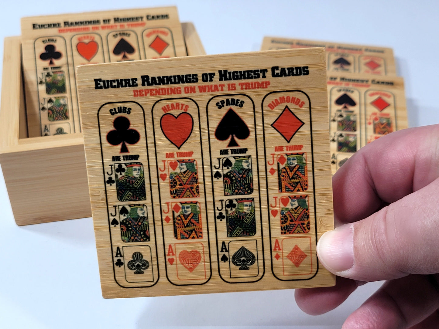Euchre Card Rankings: Bamboo Coasters with Holder
