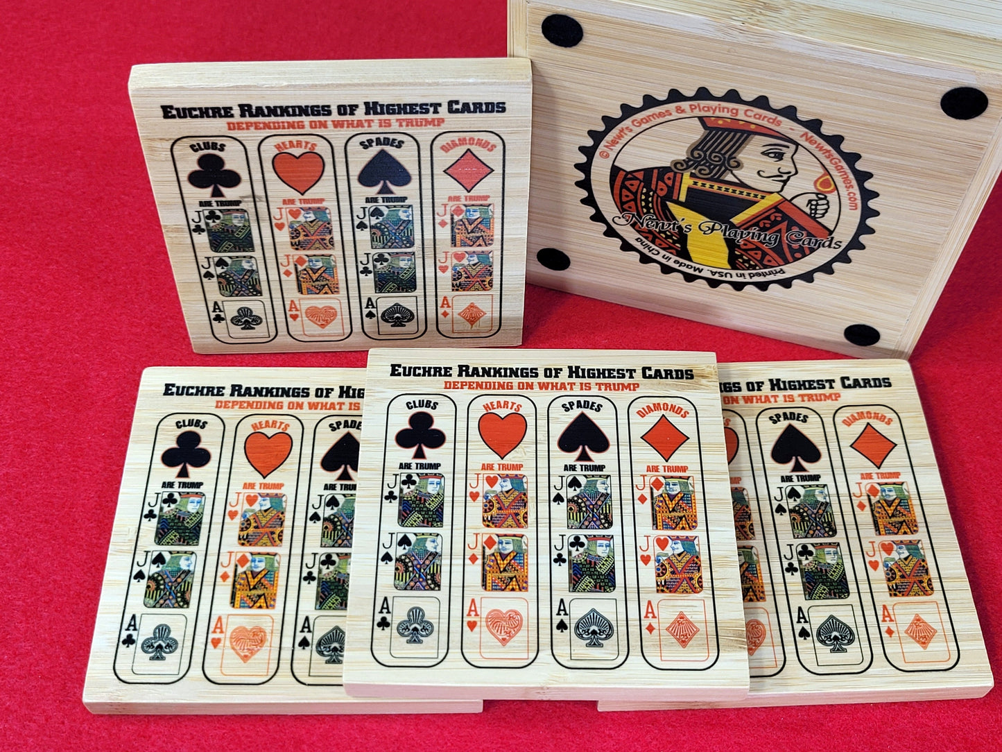 Euchre Card Rankings: Bamboo Coasters with Holder