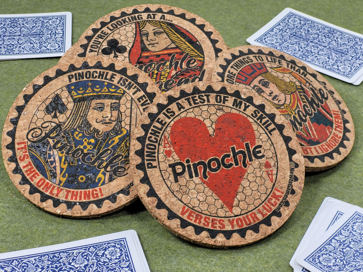 Pinochle Coaster Set: Corked Card Game Coasters with Holder