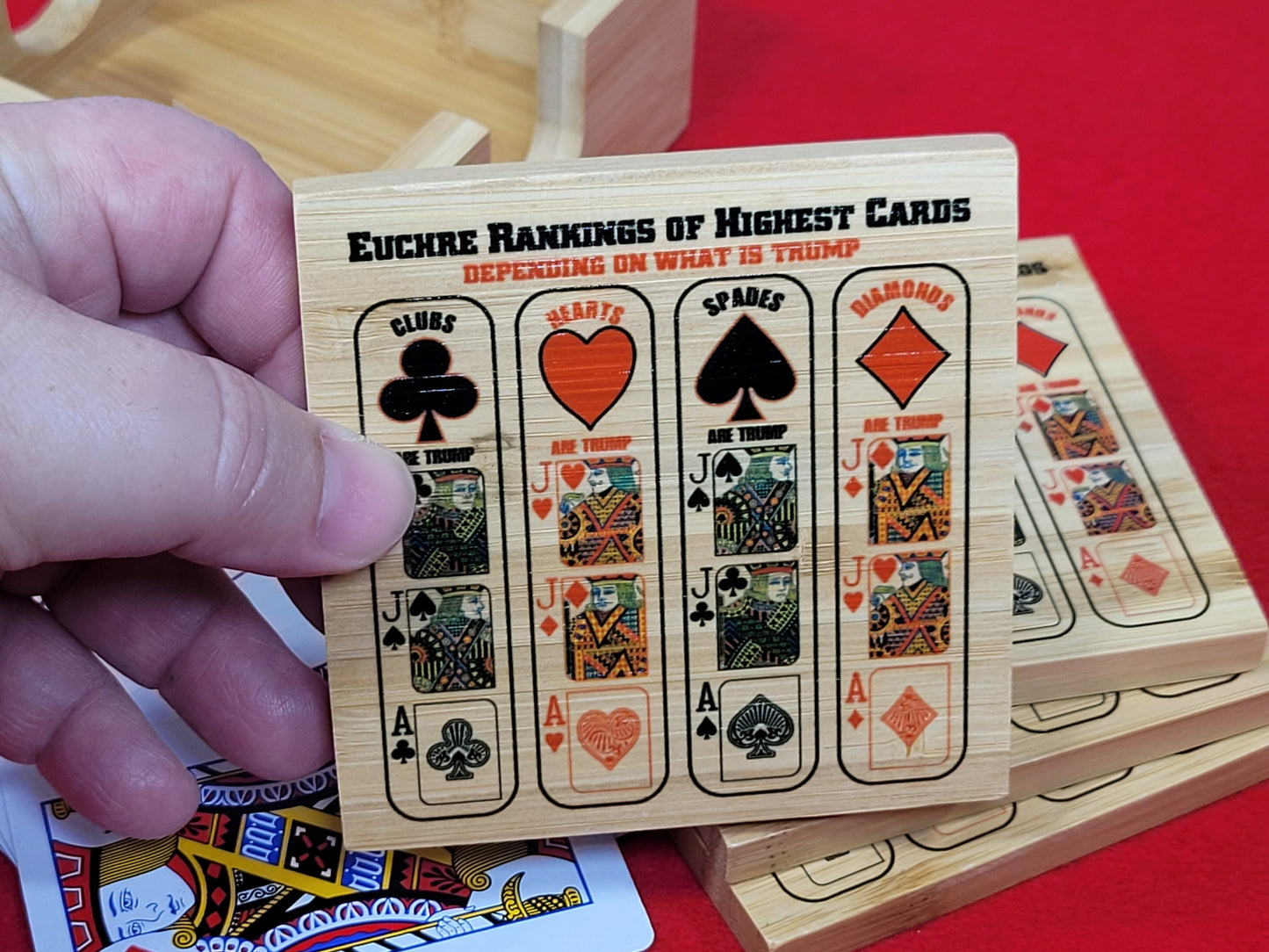 Euchre Card Rankings: Bamboo Coasters with Holder