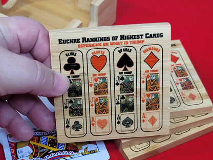 Euchre Card Rankings: Bamboo Coasters with Holder