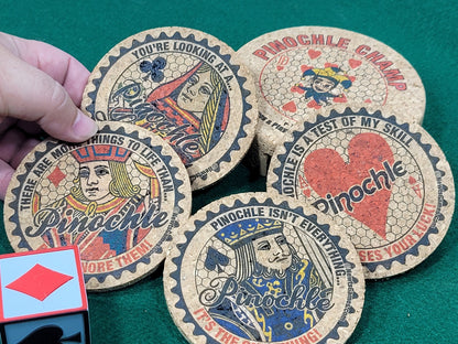 Pinochle Coaster Set: Corked Card Game Coasters with Holder