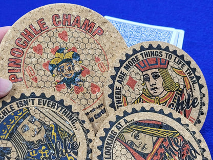 Pinochle Coaster Set: Corked Card Game Coasters with Holder