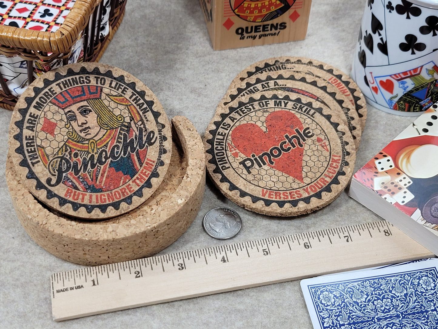 Pinochle Coaster Set: Corked Card Game Coasters with Holder