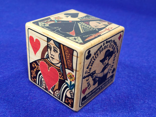 Calamity Jane Trump Marker: Queen Card Suits, Stained Wood Cube