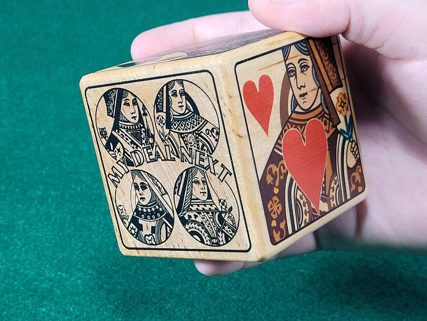 Calamity Jane Trump Marker: Queen Card Suits, Stained Wood Cube