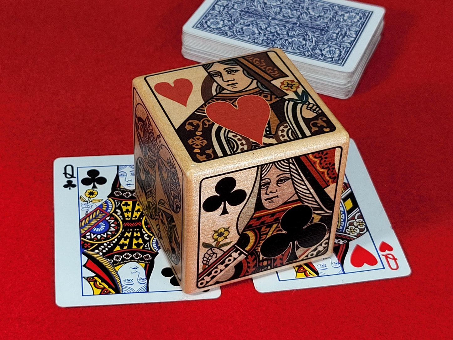 Calamity Jane Trump Marker: Queen Card Suits, Stained Wood Cube