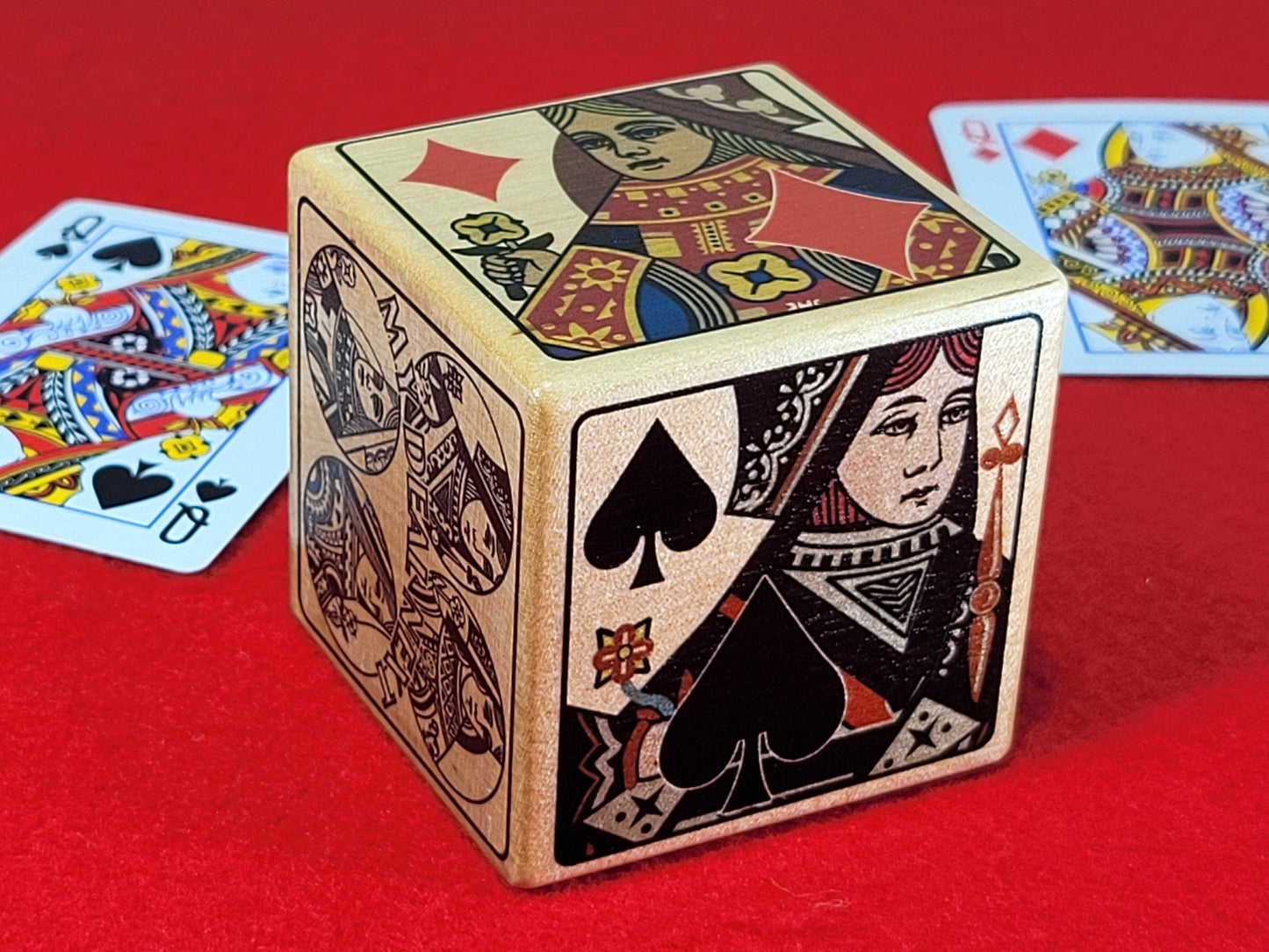 Calamity Jane Trump Marker: Queen Card Suits, Stained Wood Cube