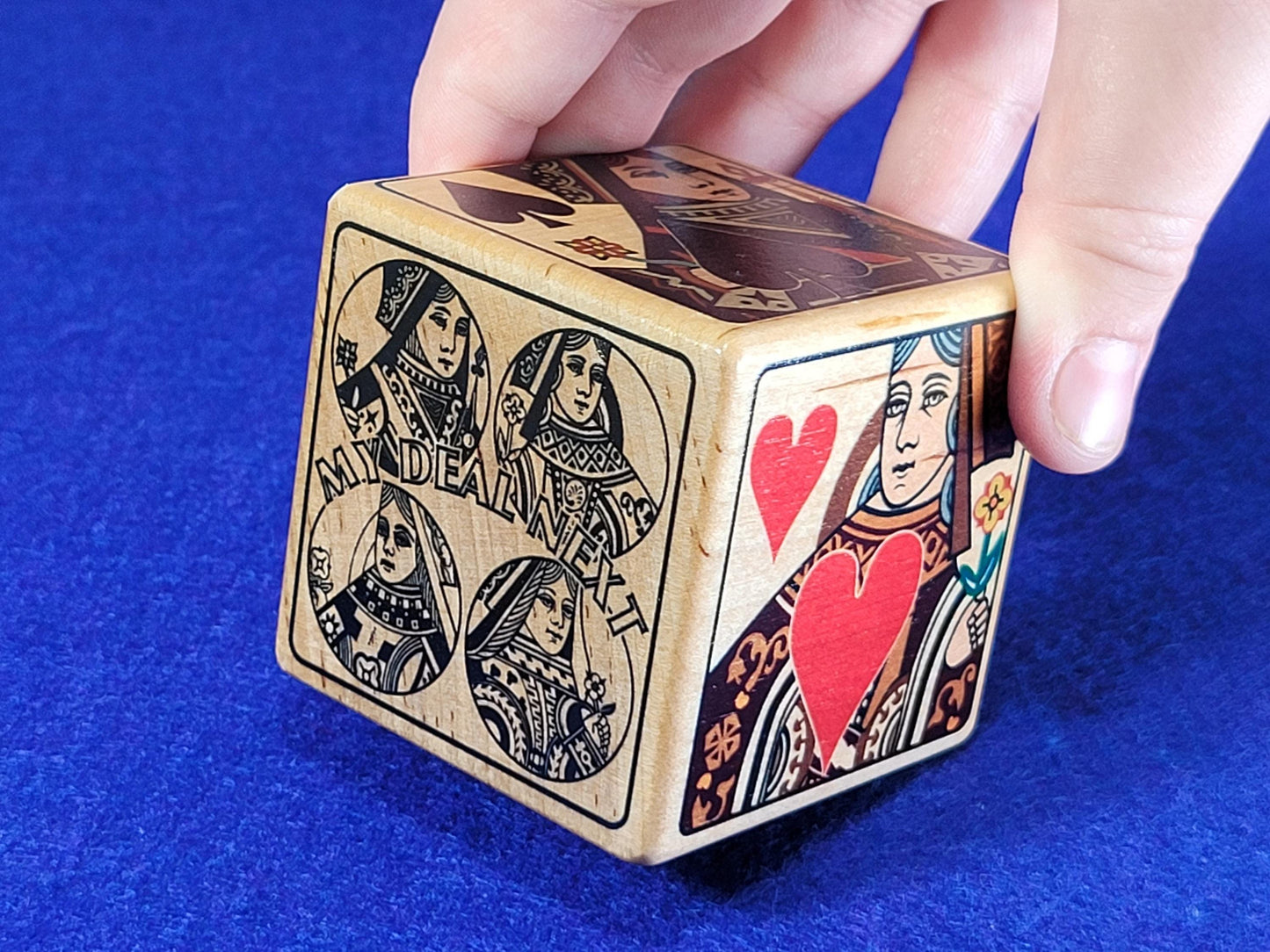 Calamity Jane Trump Marker: Queen Card Suits, Stained Wood Cube