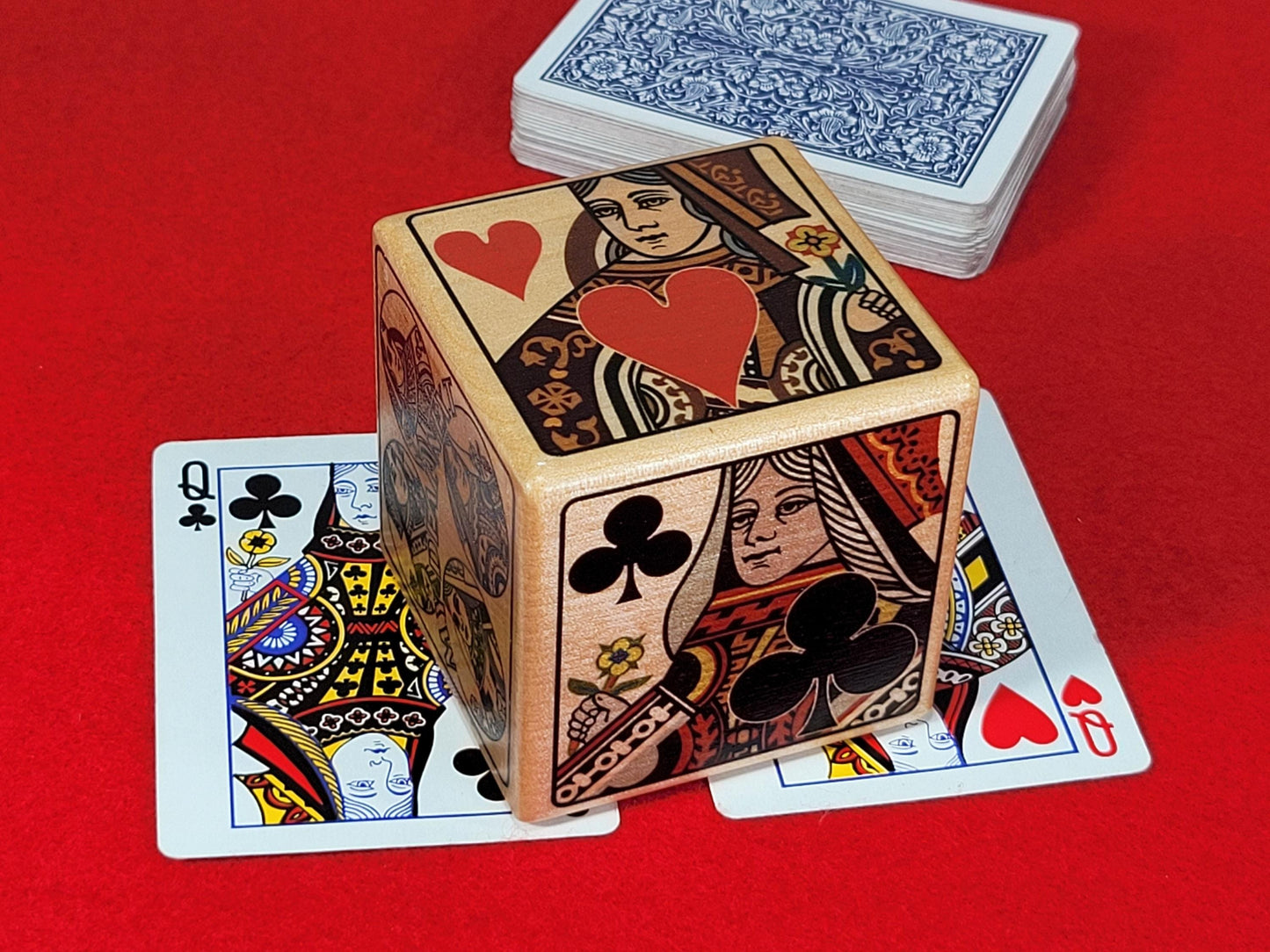 Calamity Jane Trump Marker: Queen Card Suits, Stained Wood Cube