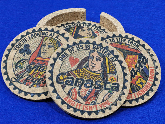 Canasta Coaster Set: Corked Drink Coasters with Holder, Card Game Gift