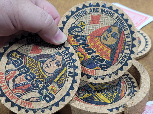 Canasta Coaster Set: Corked Drink Coasters with Holder, Card Game Gift