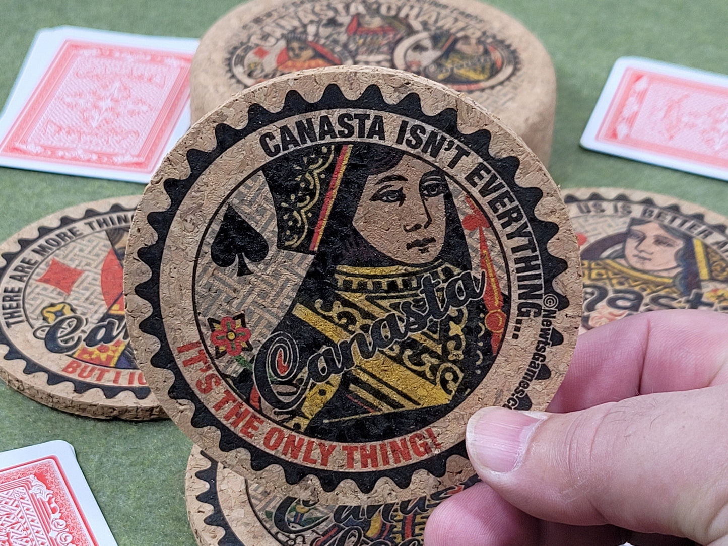 Canasta Coaster Set: Corked Drink Coasters with Holder, Card Game Gift