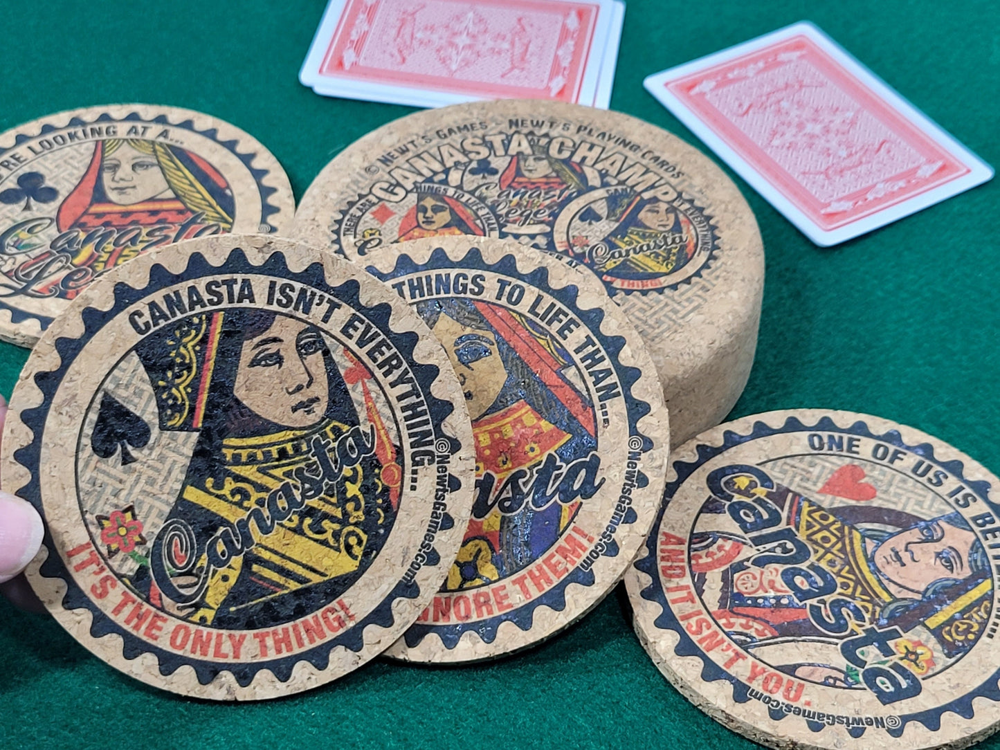 Canasta Coaster Set: Corked Drink Coasters with Holder, Card Game Gift