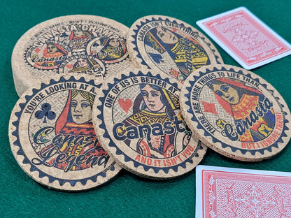 Canasta Coaster Set: Corked Drink Coasters with Holder, Card Game Gift